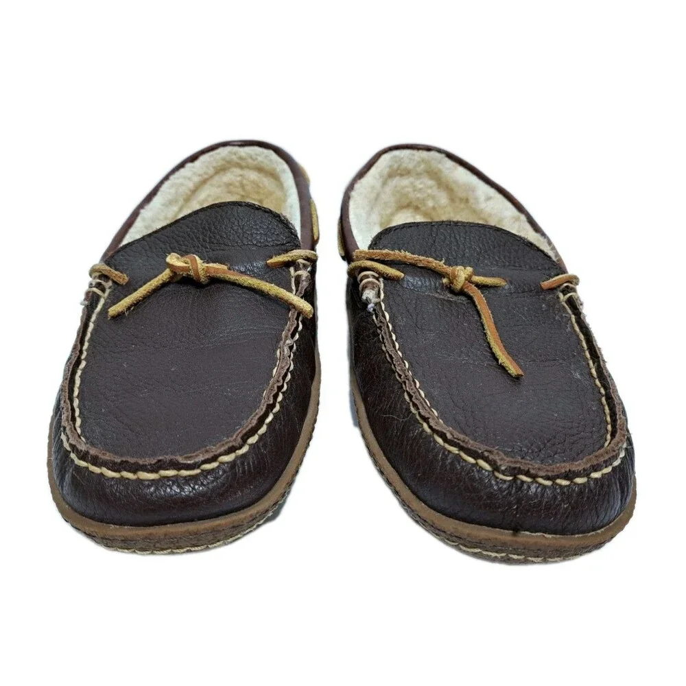 LL Bean Men's 8 Wicked Good Leather Shearling Moccasin Brown Slippers